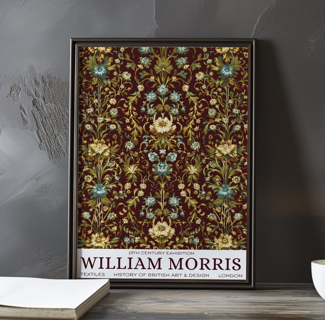 William Morris Dense Floral Tapestry on Burgundy Ground Poster