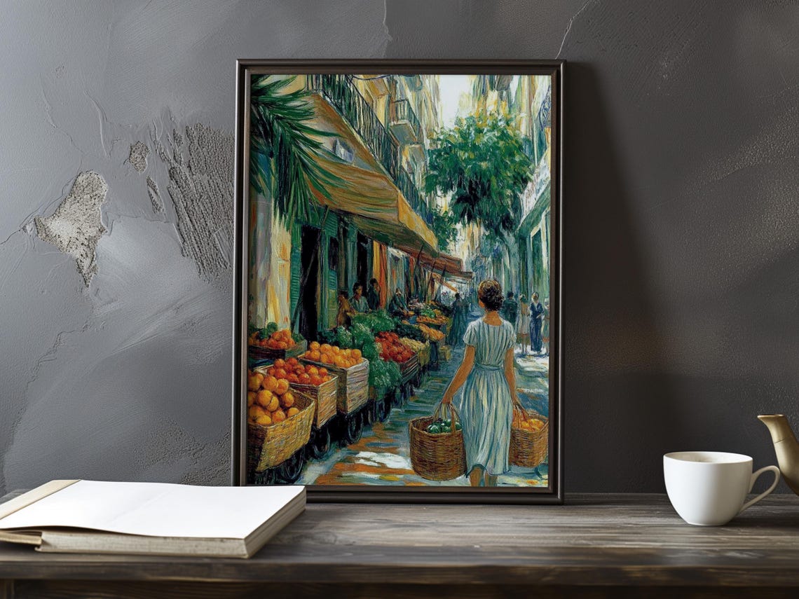 Orange Market Stalls With A Woman Carrying Baskets Poster Art