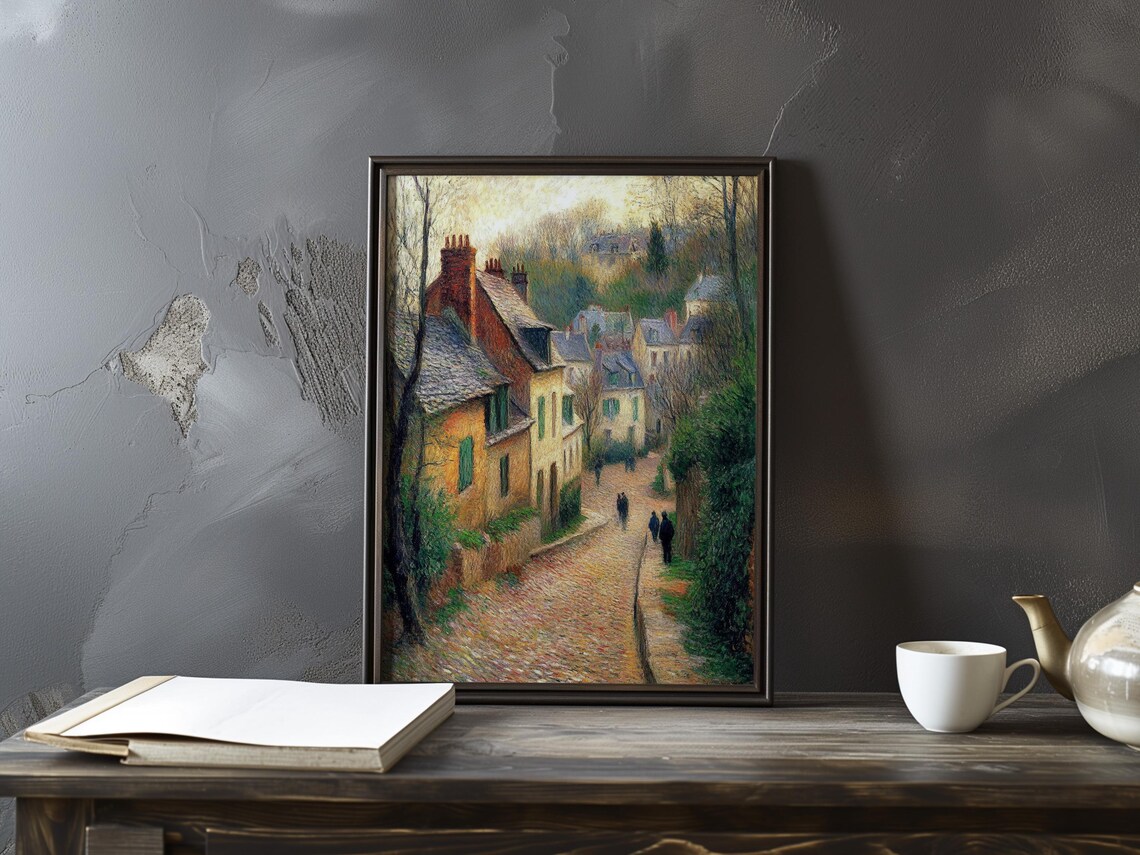 Old Brick Cottages on a Country Lane Impressionist Scene Art Poster