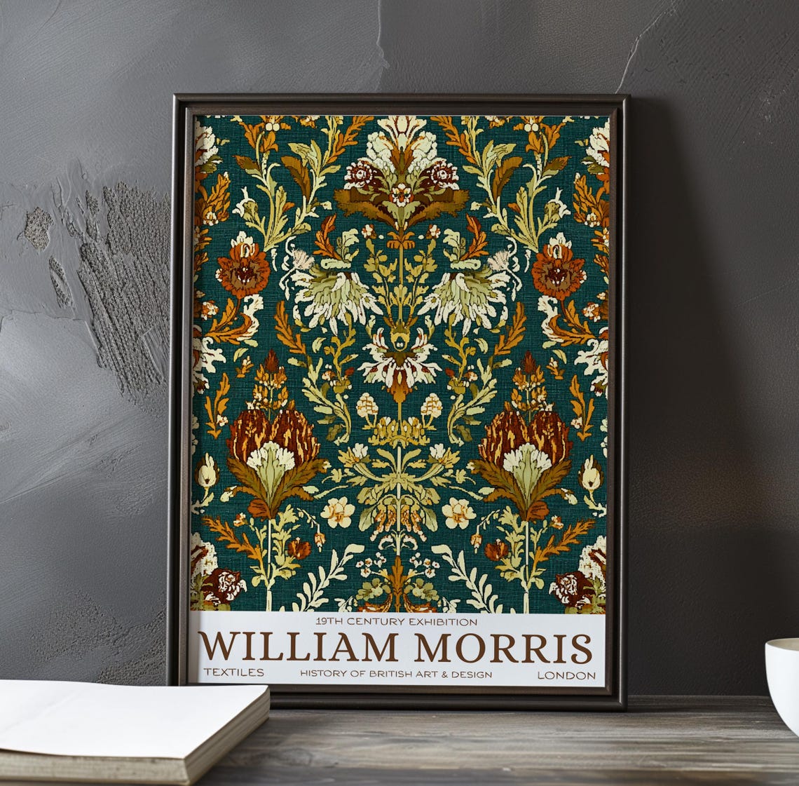 William Morris Teal Rich Ornate Floral Textile Exhibition Poster