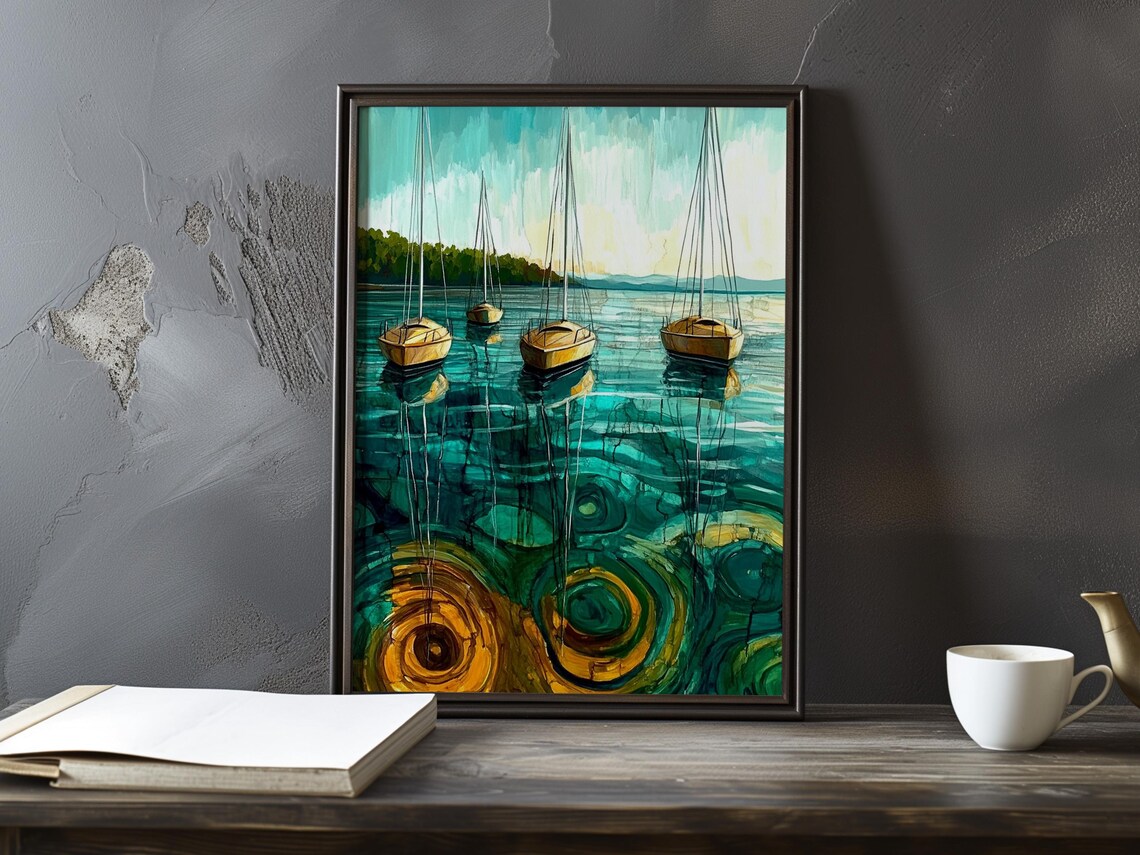 Three Sailboats Anchored on Teal Waters Impressionist Oil Painting Poster