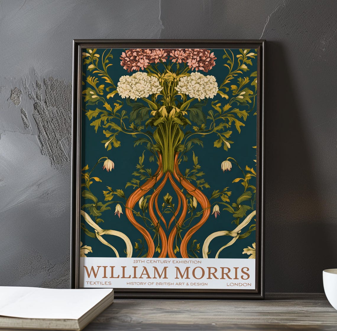 William Morris Hydrangea Blooms Twisted Orange Roots Teal Poster