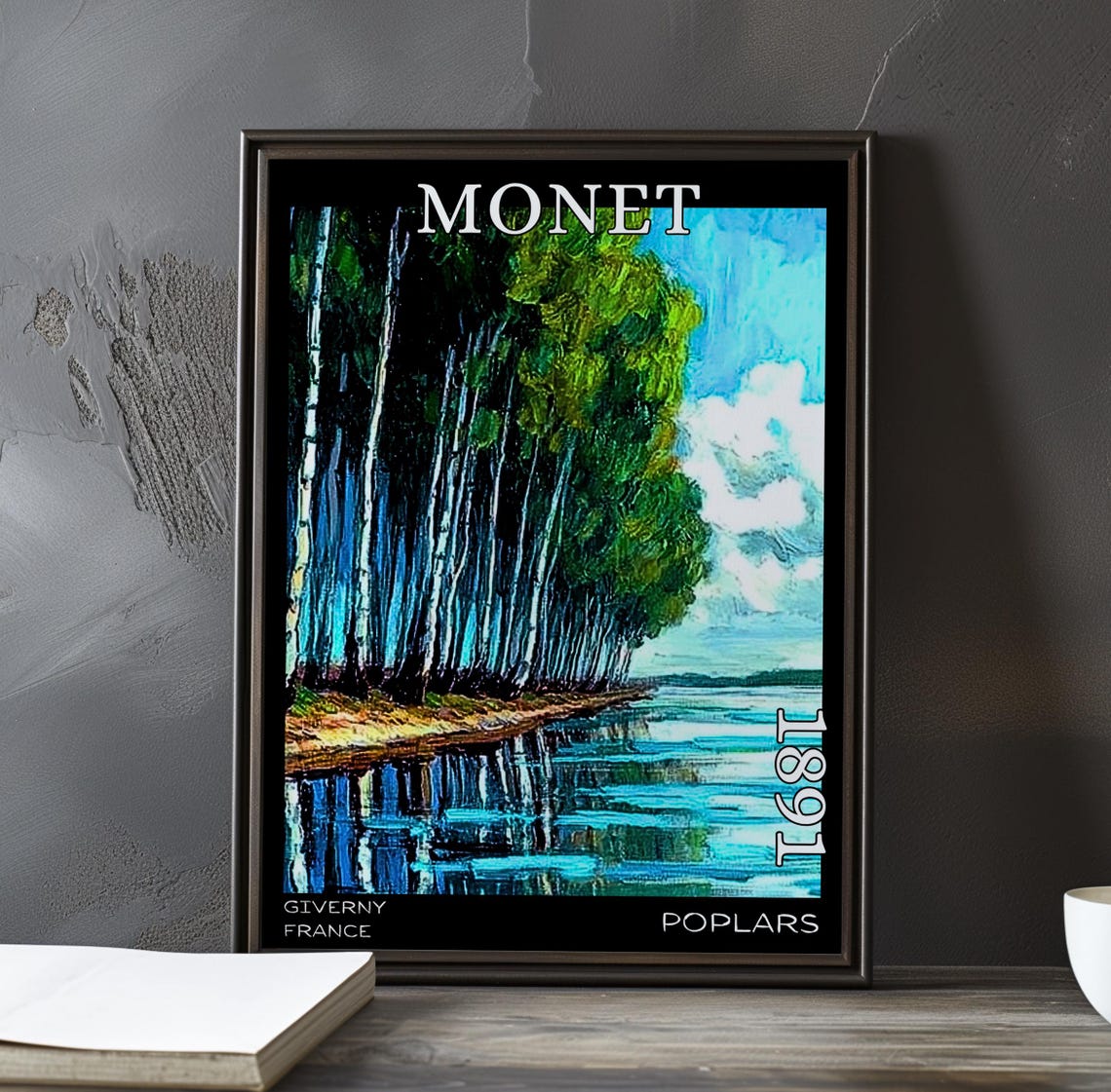 Monet 1891 White Trunked Poplars Lining Riverbank in Blue Light Poster