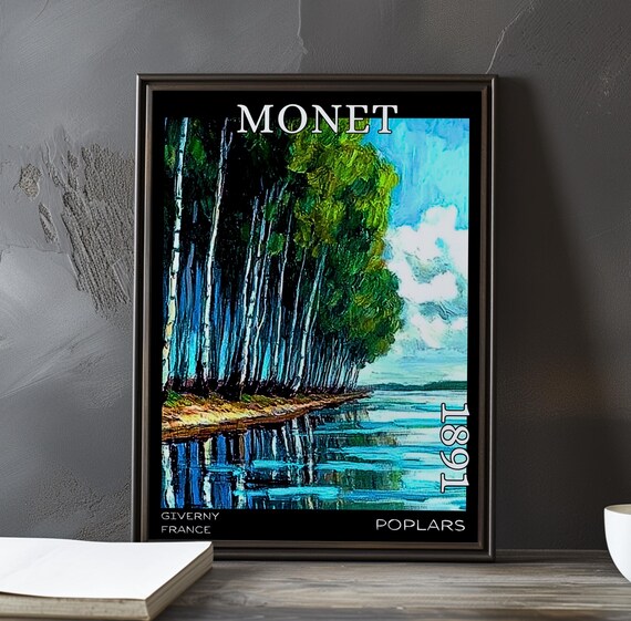 Monet 1891 White Trunked Poplars Lining Riverbank in Blue Light Poster