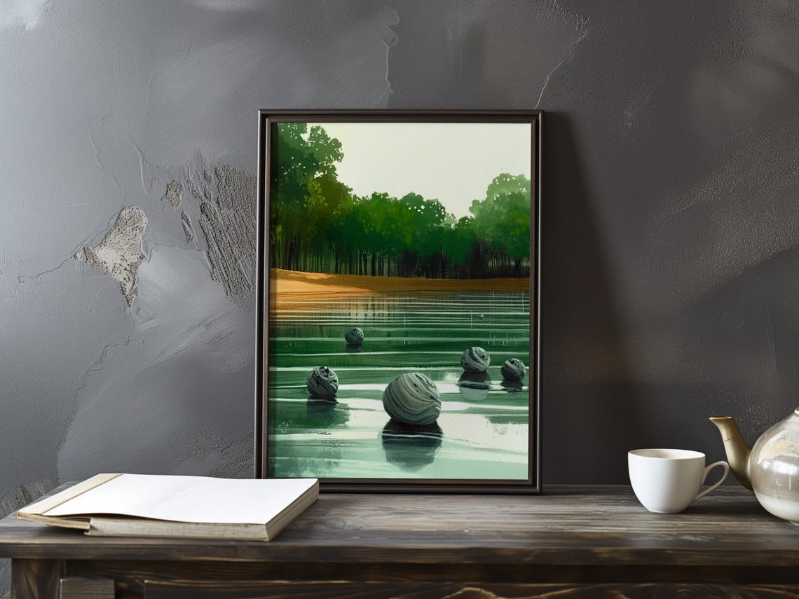Round River Stones Resting in an Emerald Still Lake Art Poster