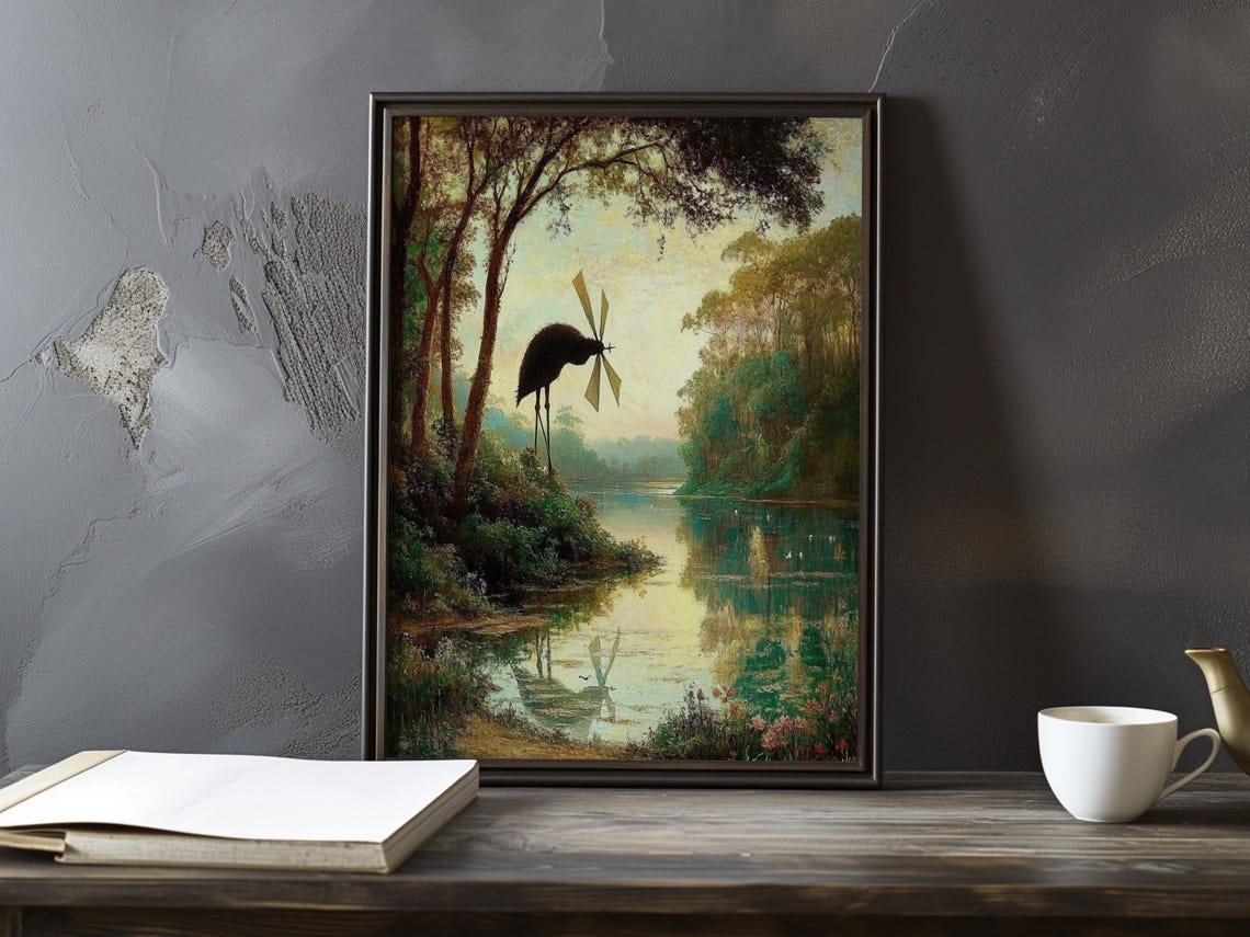 Silhouetted Windmill at Sunset Over a Quiet Tree Lined River Poster