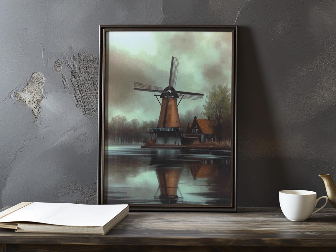 Dutch Style Windmill and Cottage Beside a Calm Canal Art Poster