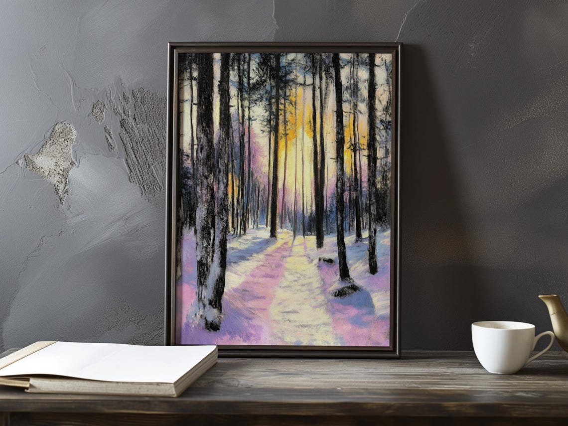 Sunrise Light Through Tall Trees On A Snowy Forest Path Poster