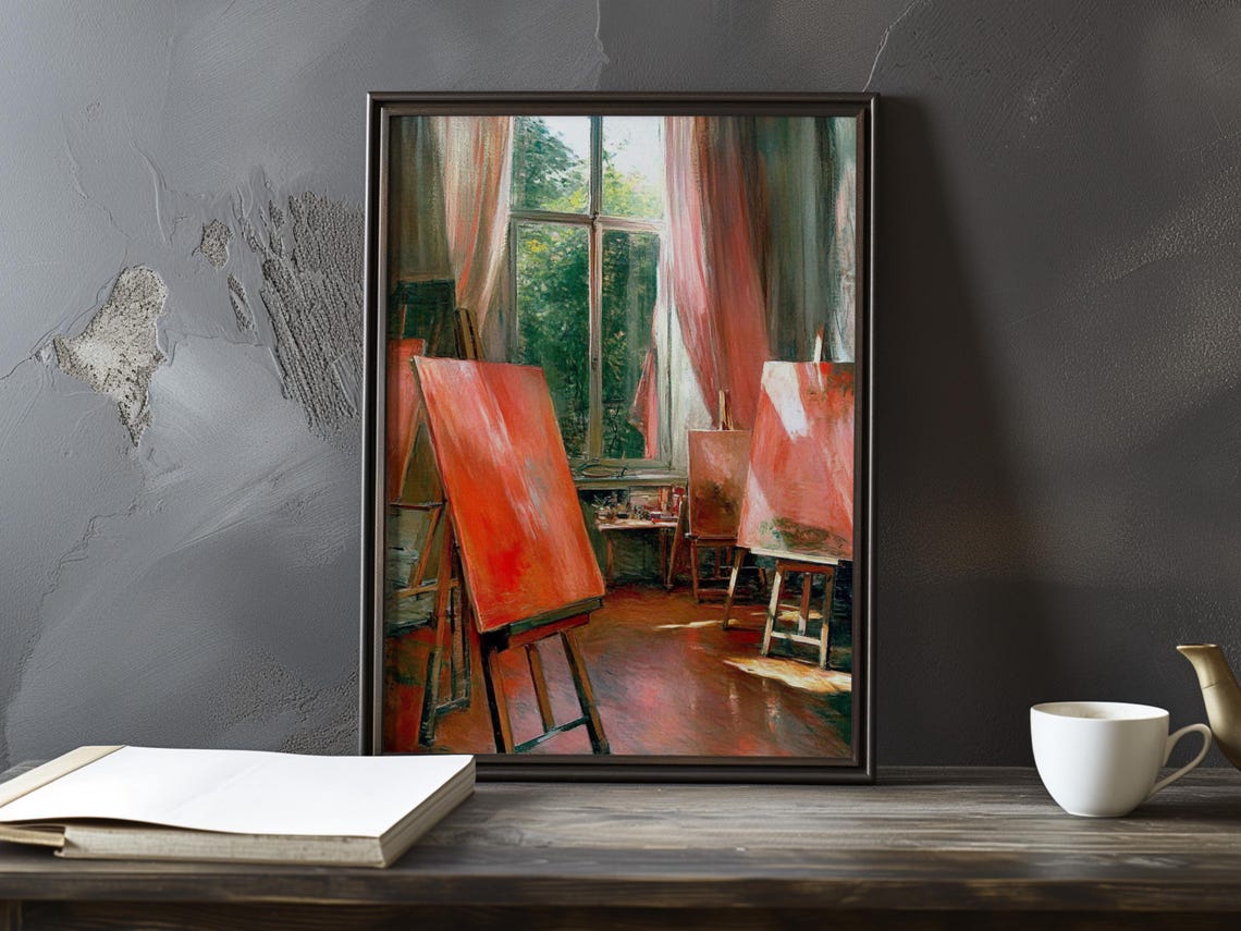 Cozy Artist Studio Interior With Red Easels And Pink Curtains Poster