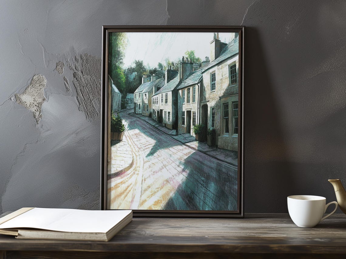 Sunlit Cobbled Village Street of Stone Cottages Impressionist Poster
