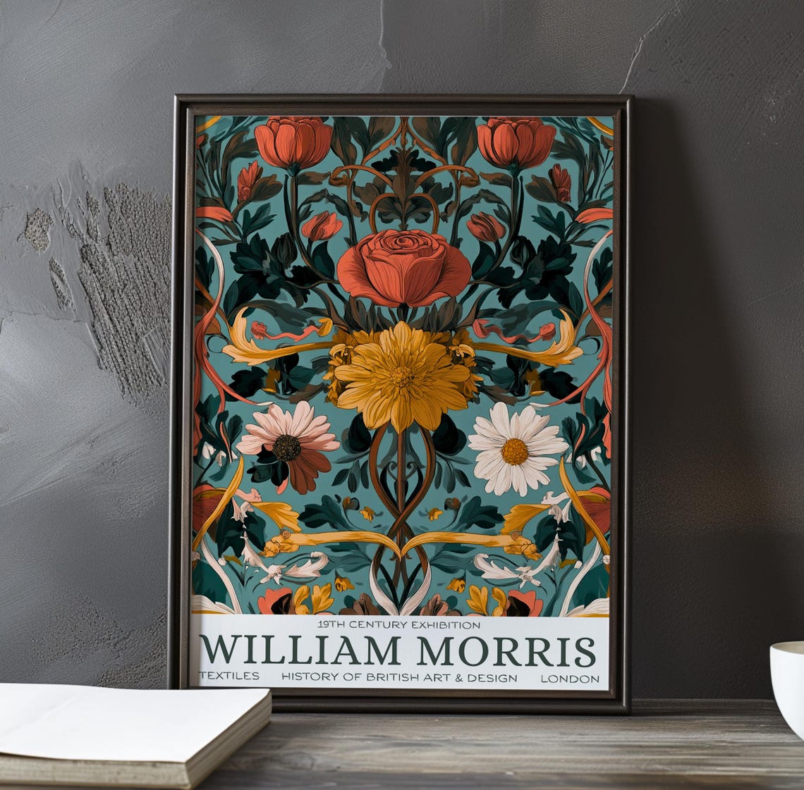 William Morris Gold Dahlia Red Rose Teal Art Exhibition Poster