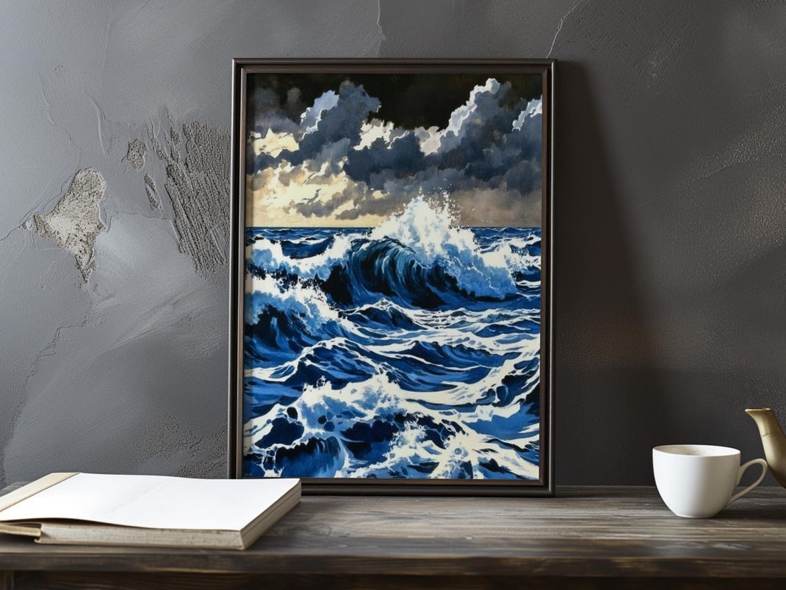 Deep Blue Storm Waves Under Parting Clouds Impressionist Poster