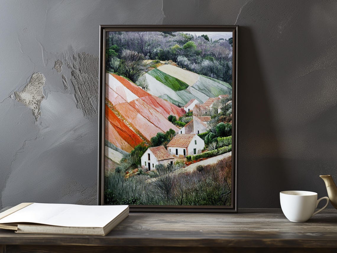 White Village Cottages Below Vivid Striped Hillside Terraces Poster