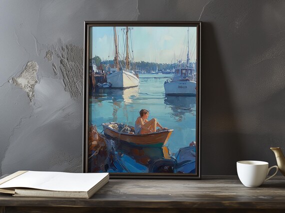 Boy Relaxing in a Rowboat in a Sunlit Harbour Scene Art Poster