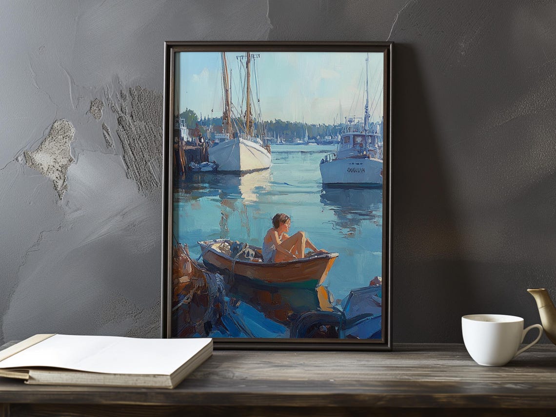 Boy Relaxing in a Rowboat in a Sunlit Harbour Scene Art Poster