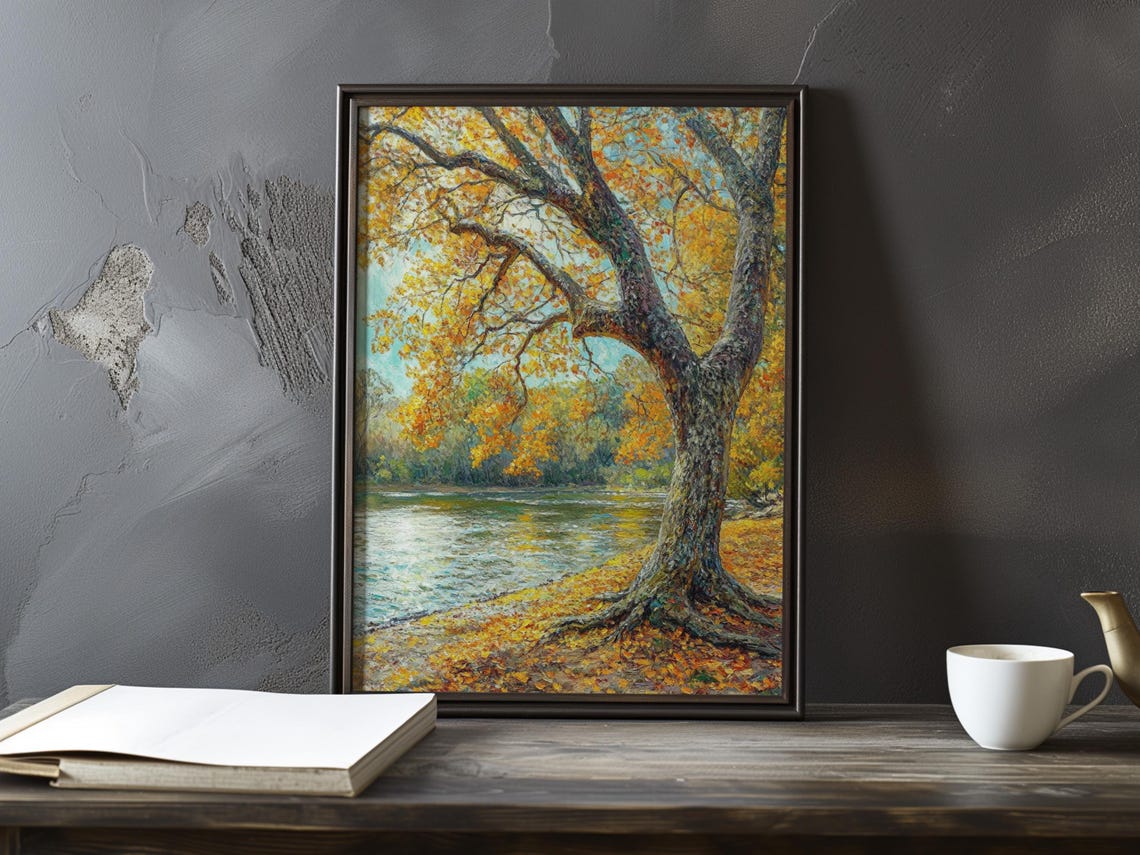 Golden Tree Standing Beside a Calm River Bank Painting Poster