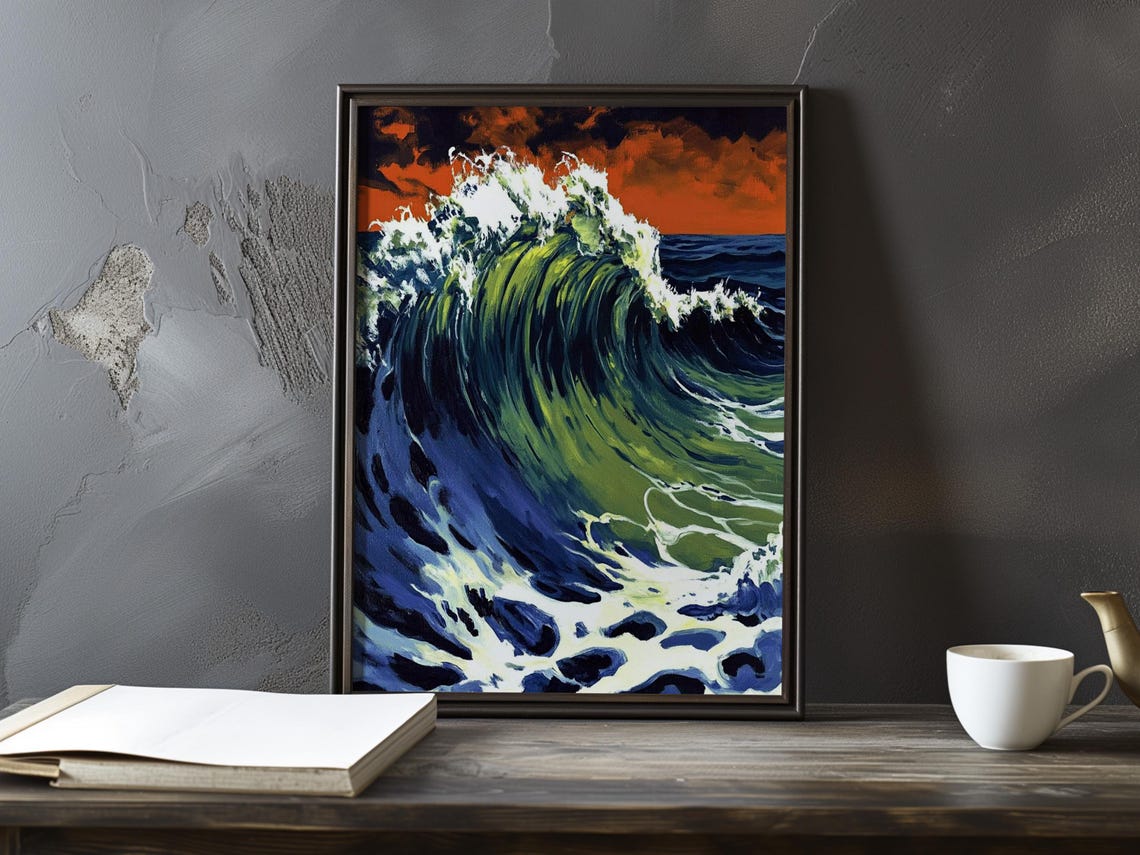 Towering Green Wave Curling Under a Fiery Red Sky Art Poster