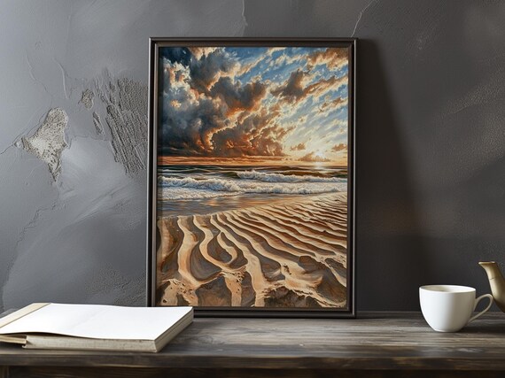 Rippled Sand Dunes on a Beach at Golden Sunset Impressionist Poster