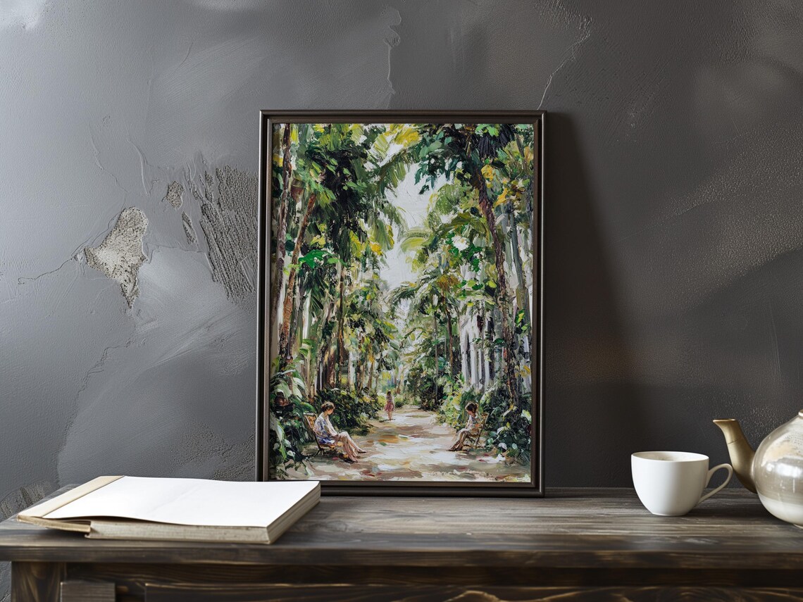 Palm Lined Garden Path With Seated Figures Tropical Art Poster