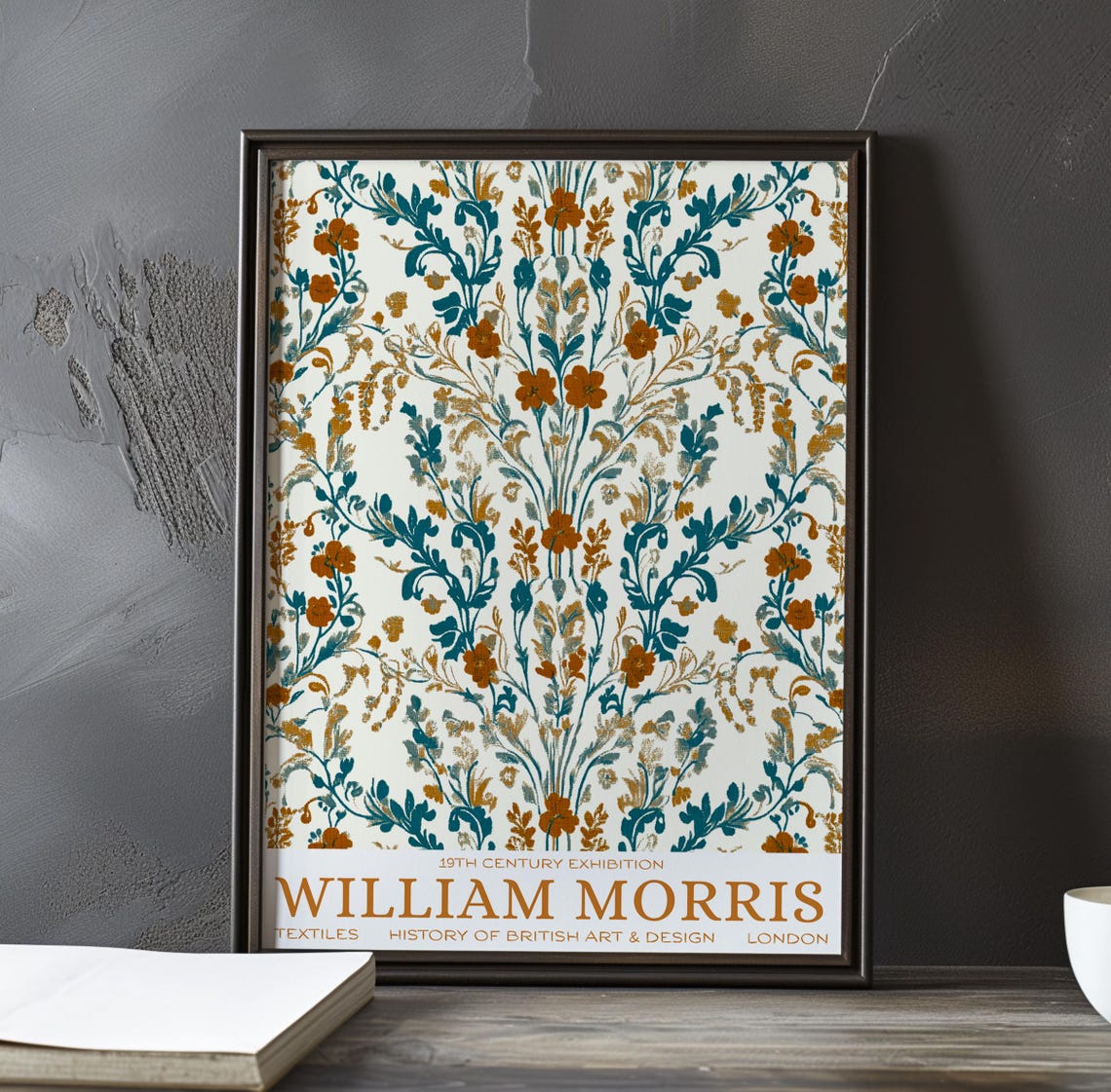 William Morris Teal Amber Symmetrical Bloom Exhibition Poster