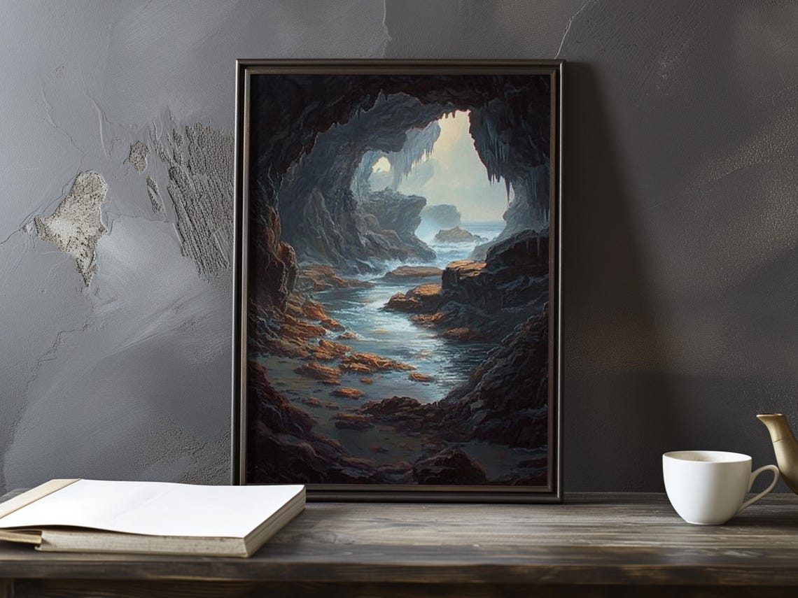 Moody Dark Coastal Cave Opening to a Bright Distant Ocean Poster