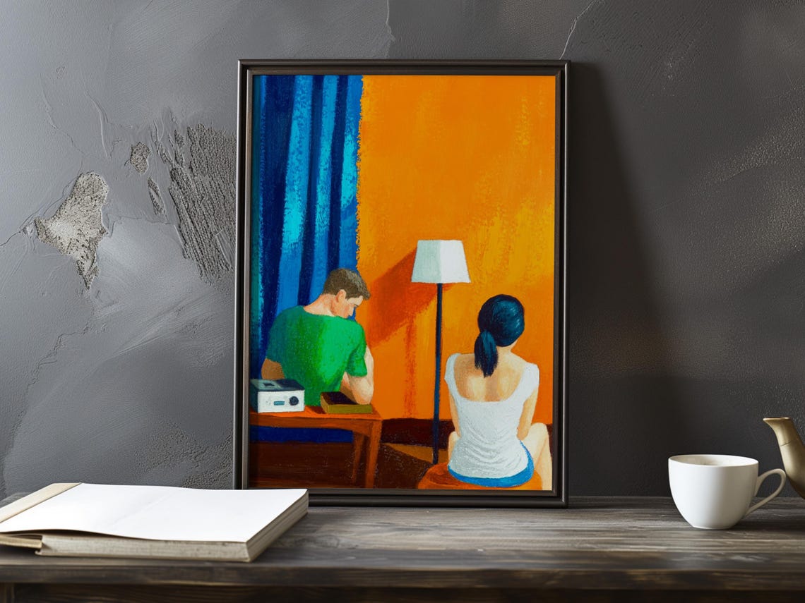 Quiet Couple from Behind Orange Wall Blue Curtain Interior Poster