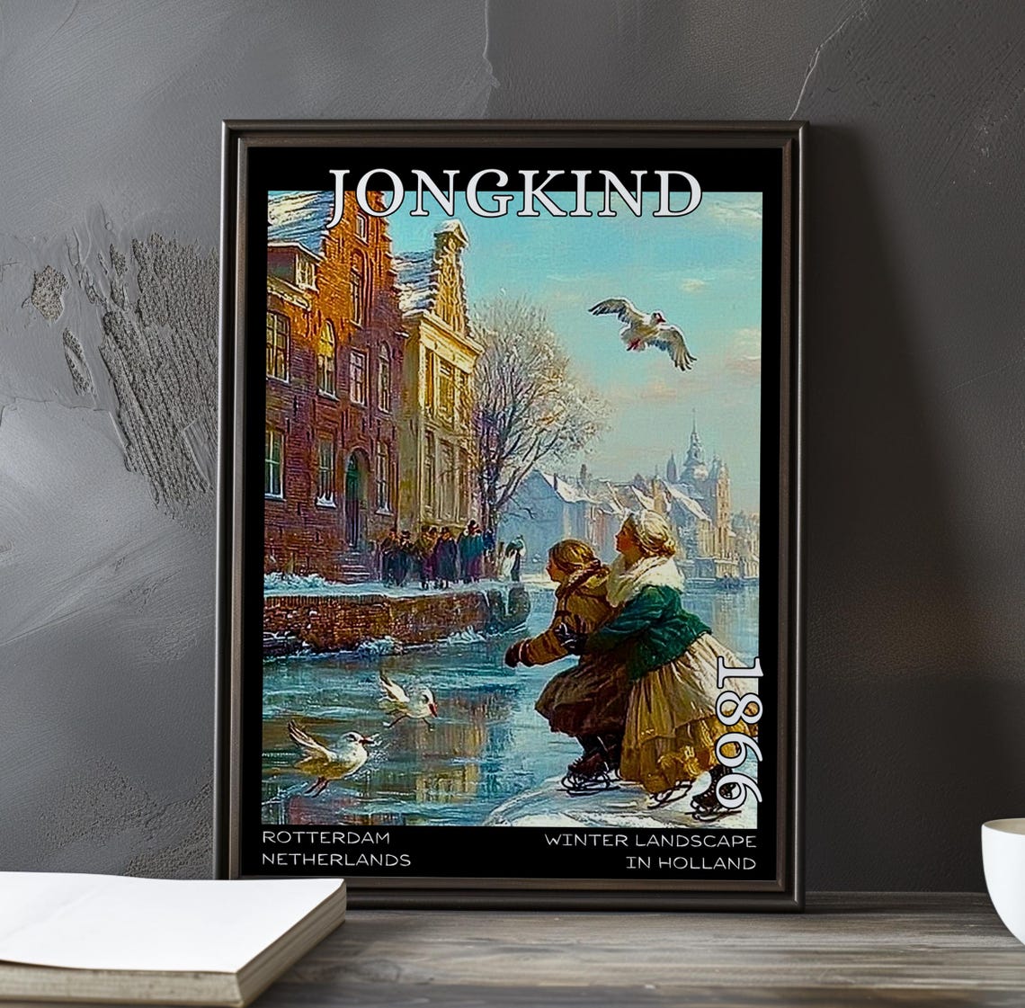 Jongkind 1866 Two Dutch Women Ice Skating with Soaring Seagulls Poster