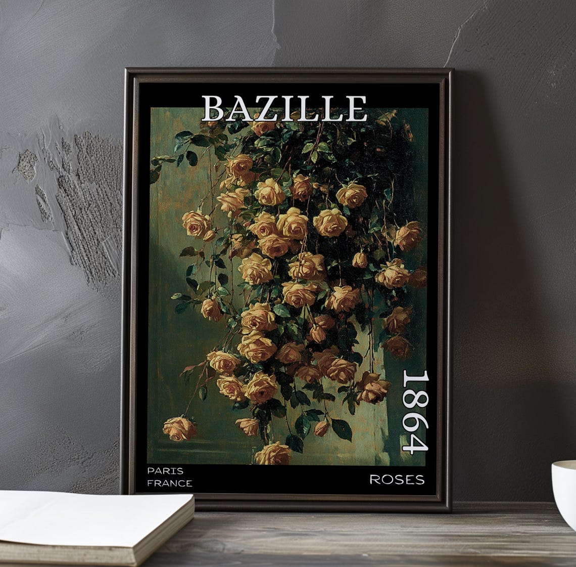 Bazille Roses 1864 Pale Roses Cascading on Deep Green Ground Poster