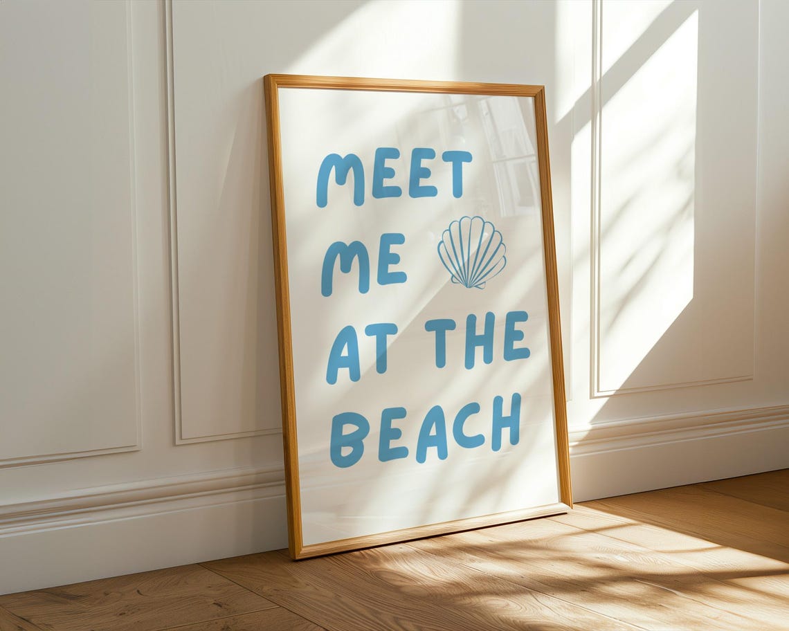 Meet Me At The Beach Blue Bubble Typography Shell Coastal Decor Poster