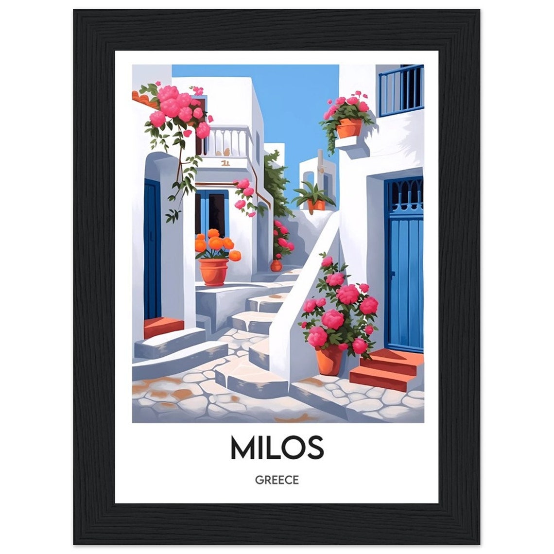 Milos Greece Cycladic Alleyway Whitewashed Houses Flowers Poster - Image 2