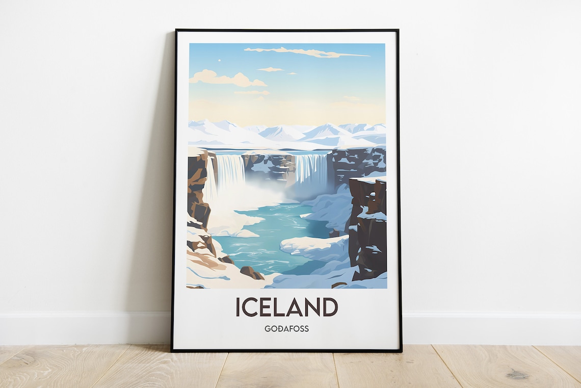 Iceland Godafoss Travel Poster, Europe Landscape