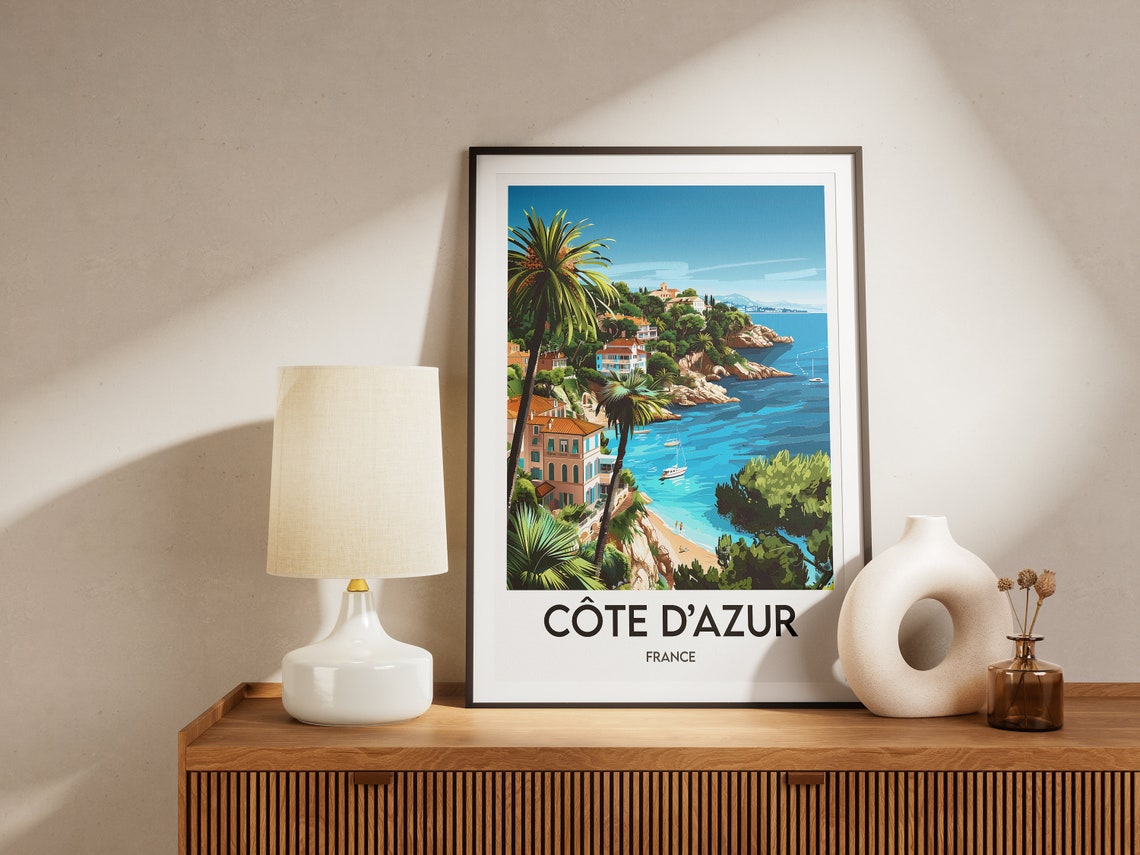 Cote d Azur France Coastal Palms Cliffs Beach View Art Poster - Image 2