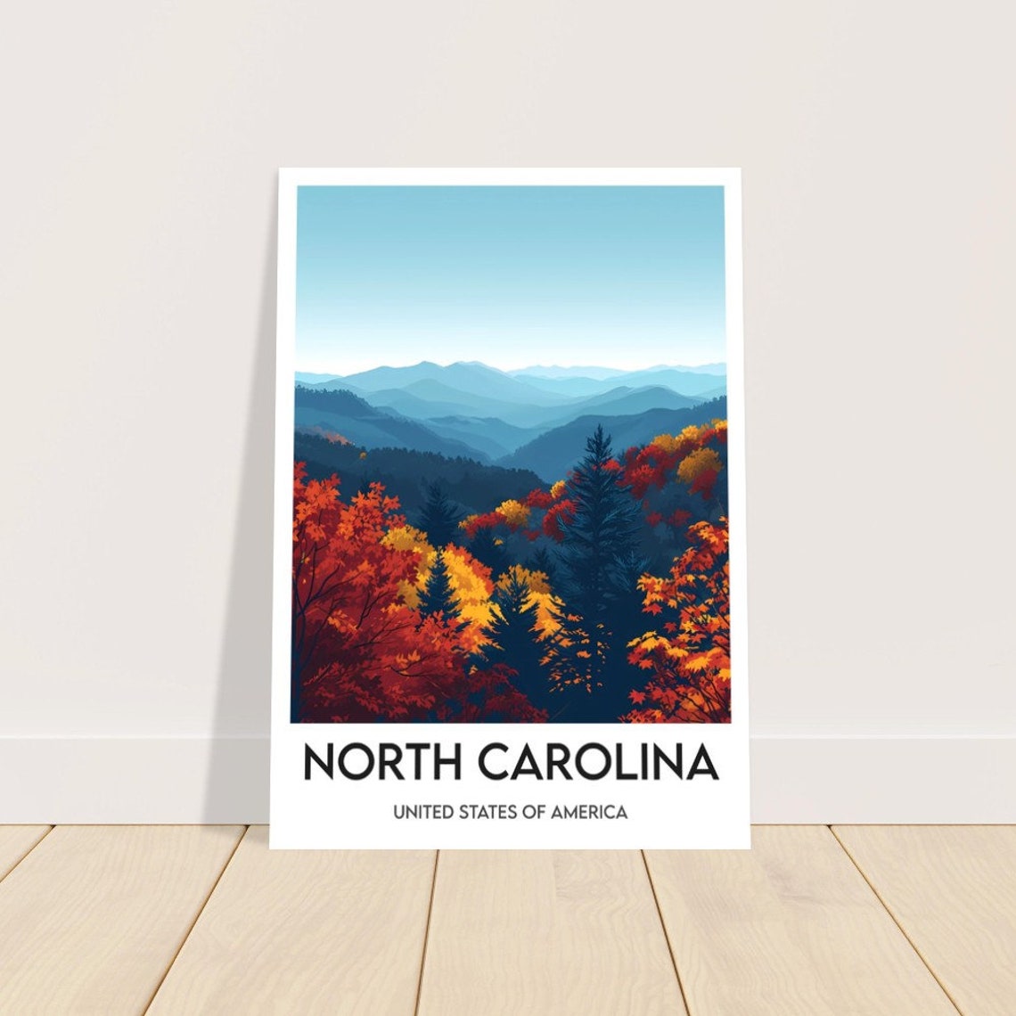 North Carolina Fall Foliage Mountain Vista Illustration Vintage Poster - Image 2
