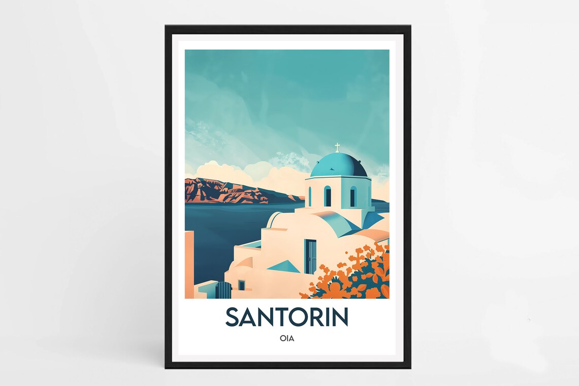 Santorin Oia Blue Domed Church at Dusk Greece Vintage Poster