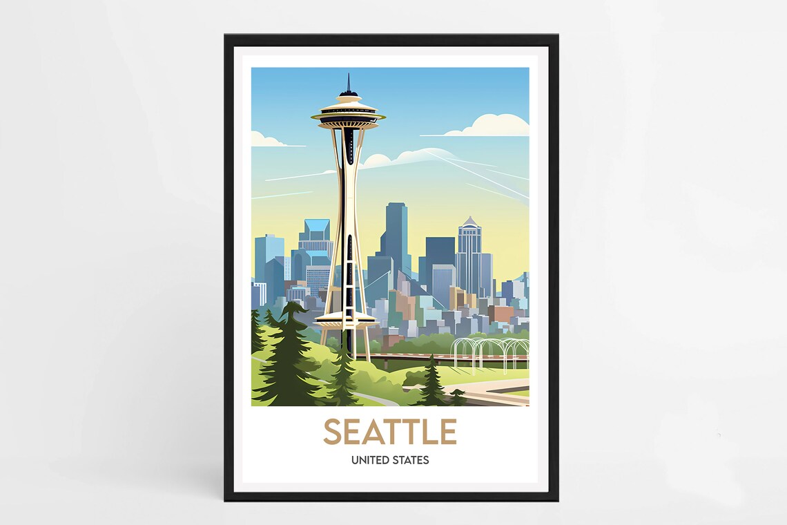 Seattle United States Space Needle Skyline Cityscape Travel Poster