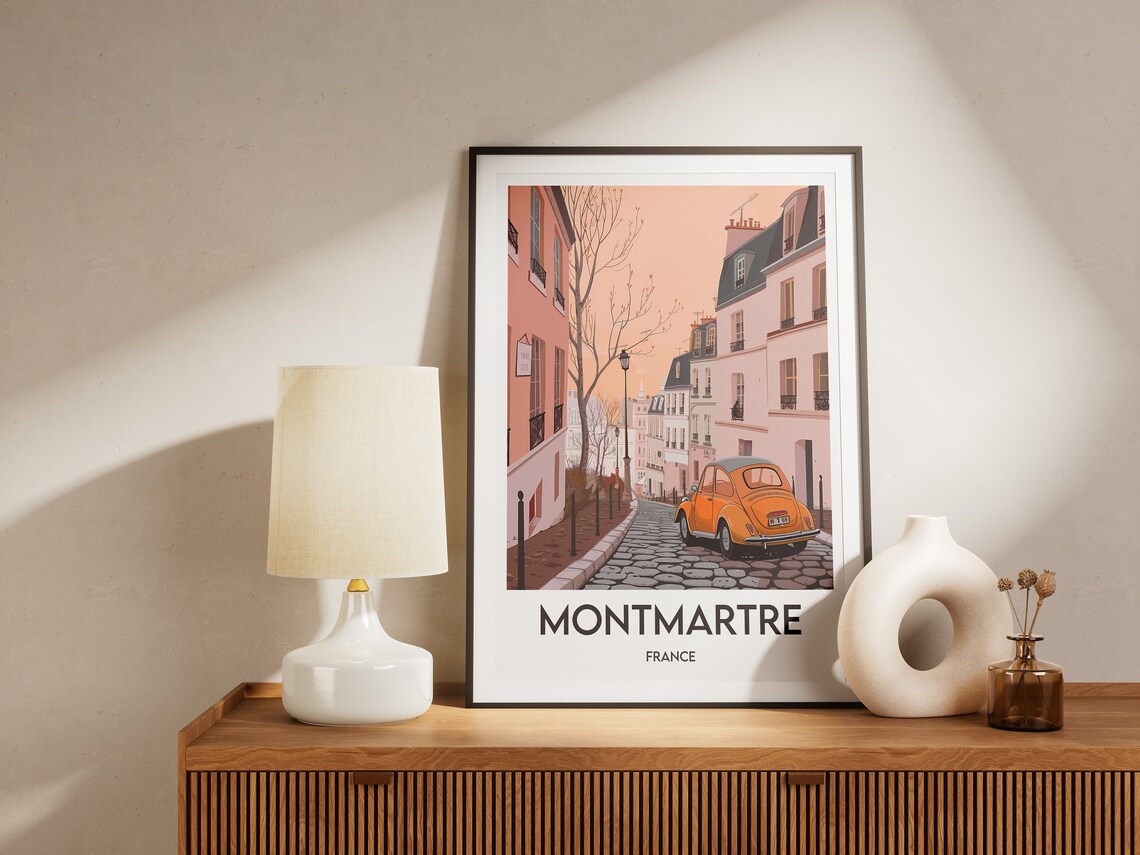 Montmartre France Paris Cobblestone Street Vintage Beetle Poster - Image 2