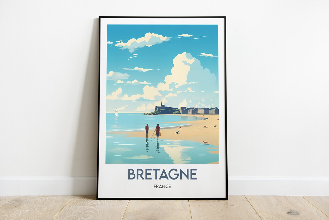 Bretagne France Coastal Beach Fort Vintage Minimalist Travel Poster
