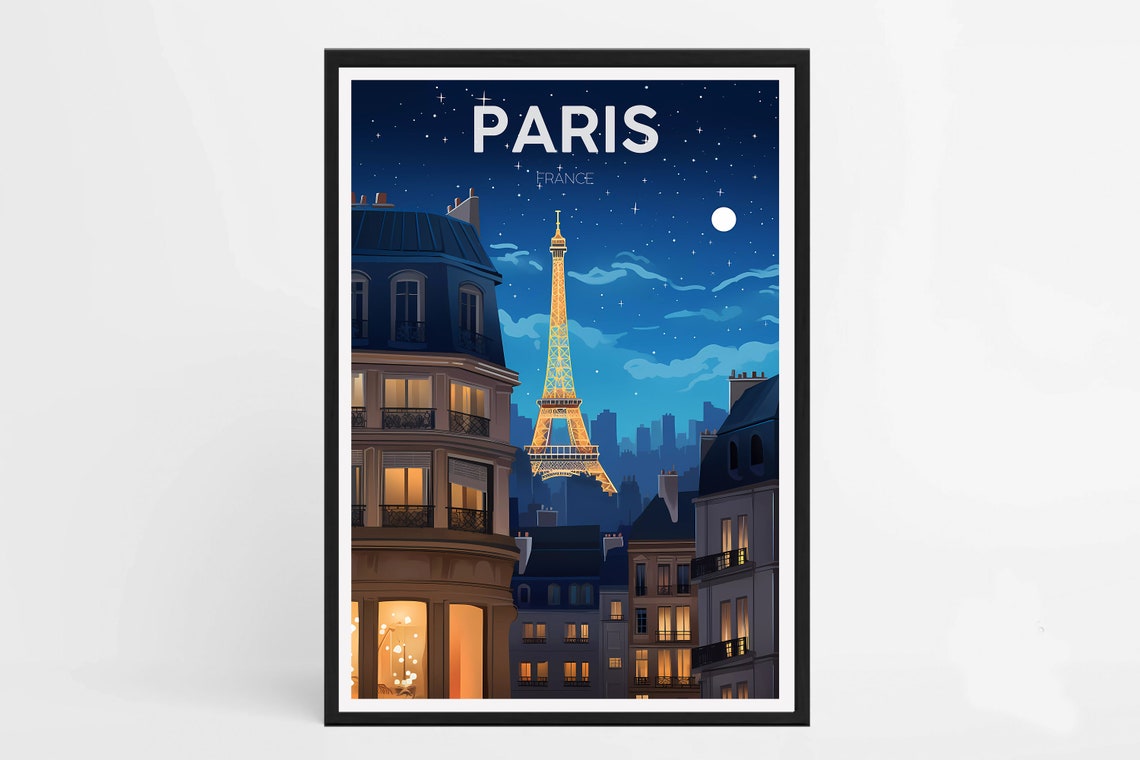 Paris France Eiffel Tower Night Sky Minimalist Travel Poster