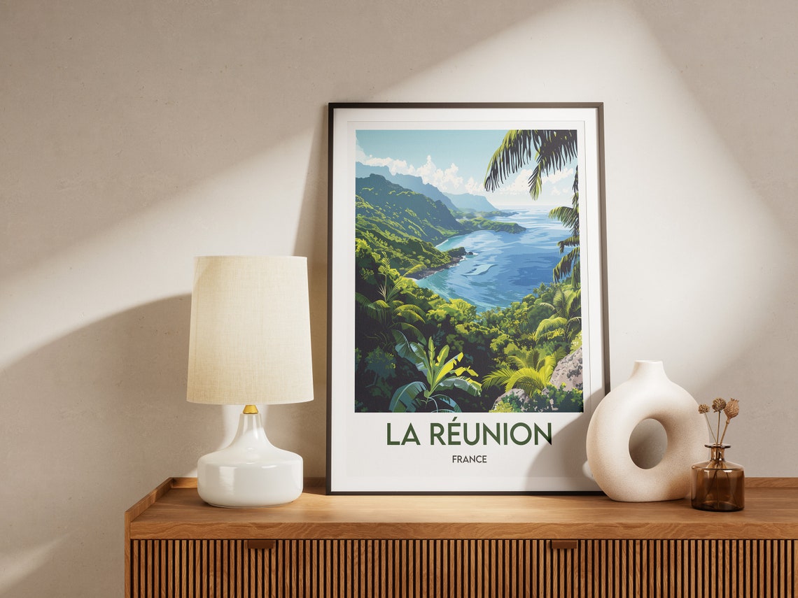 La Reunion Tropical Bay and Jungle Coastline France Vintage Poster - Image 2