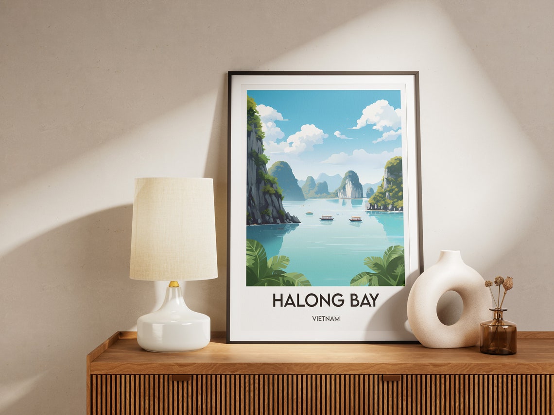 Halong Bay Limestone Karsts Boats Vietnam Seascape Travel Poster - Image 2