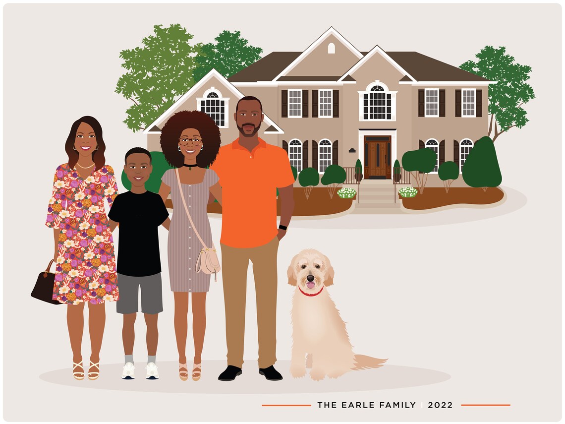 Family Drawing With House - Line Art Art Print