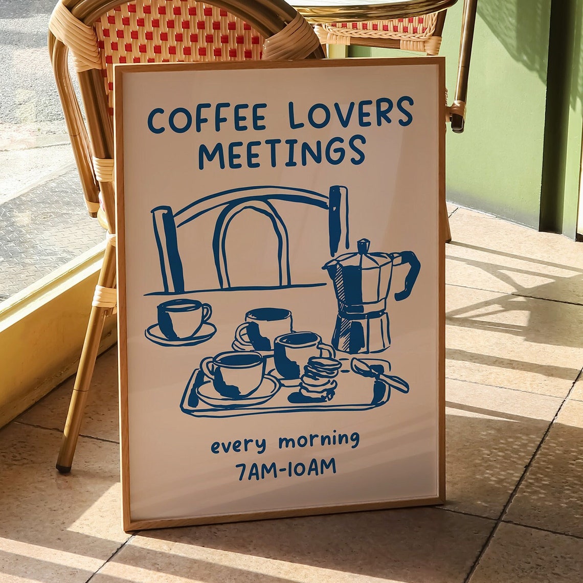 Coffee Lovers Meetings Blue Line Art Cafe Kitchen Quote Poster