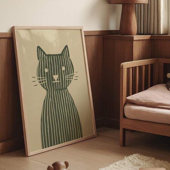 Cute Sage Green Striped Cat Minimalist Nursery Whimsical Kids Art Poster