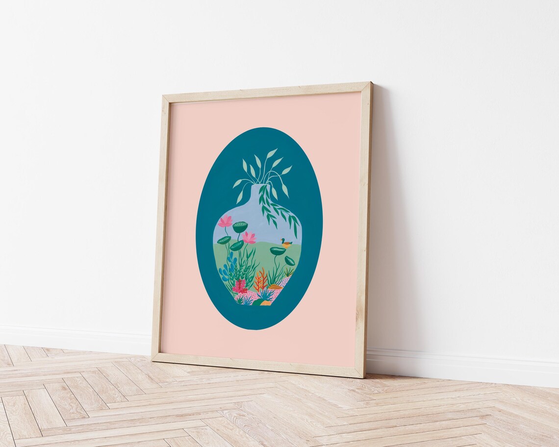 Duck Pond in a Vase Illustrated Art Print Pink Teal Nursery Wall Art - Image 2
