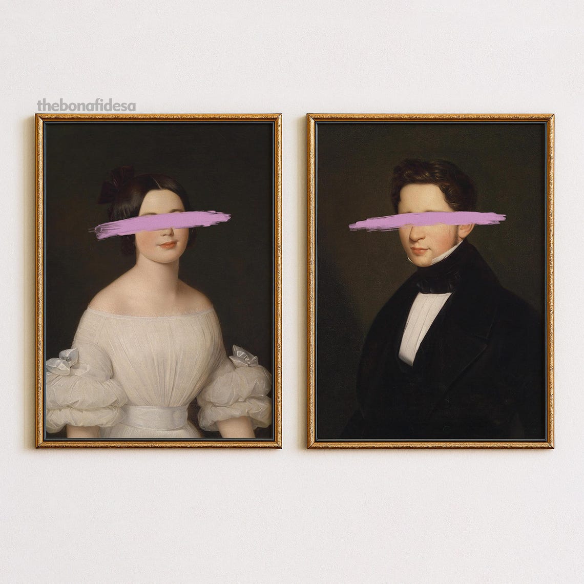 Set of 2 Pink Brushstroke Baroque Portraits Altered Couple Art Poster