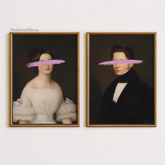 Set of 2 Pink Brushstroke Baroque Portraits Altered Couple Art Poster