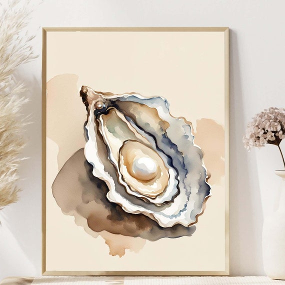 Neutral Coastal Oyster Print Watercolor Painting Art Beachy Wall Home Decor Poster