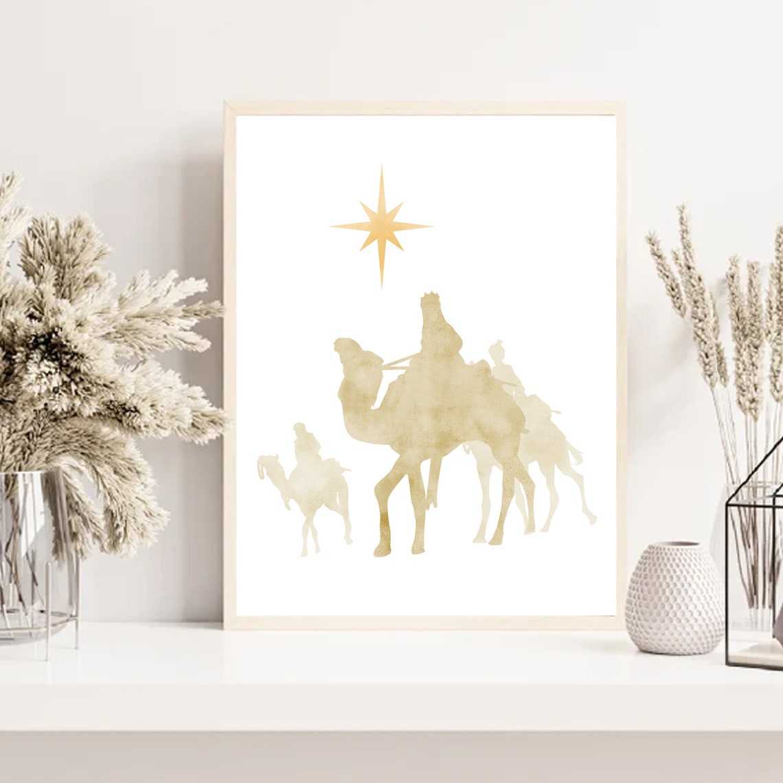 Three Wise Men on Camels Gold Star Minimalist Christmas Poster