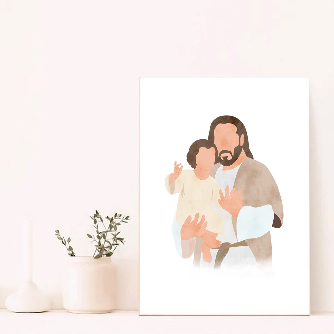Faceless Jesus Holding a Child Watercolor Christian Wall Poster