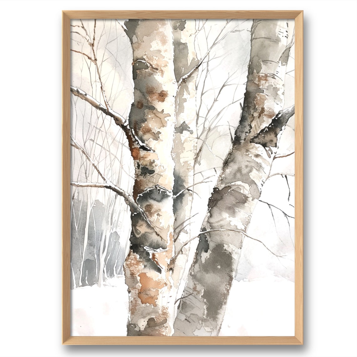 Winter Birch Trees Neutral Watercolor Minimalist Forest Art Poster